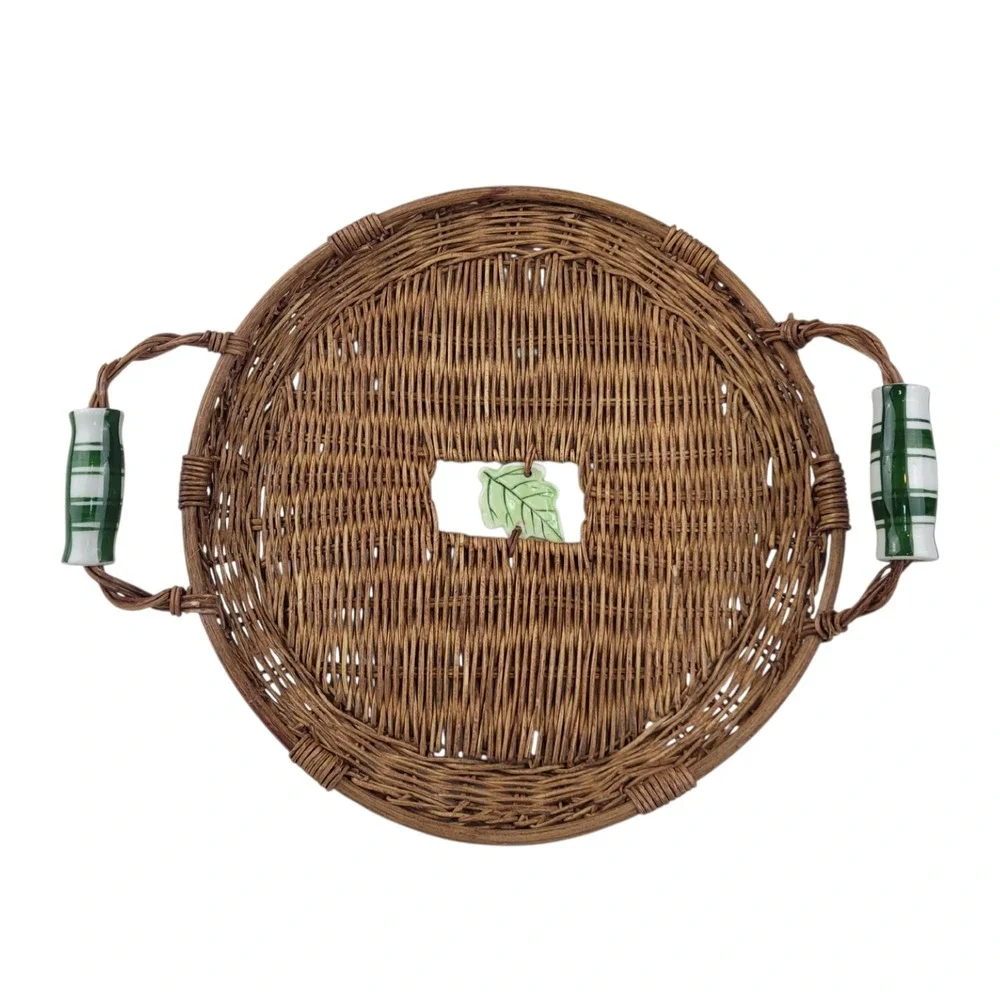 Vintage Anchor Hocking Wicker Basket Cuisine Glass Serving Plate  Holder